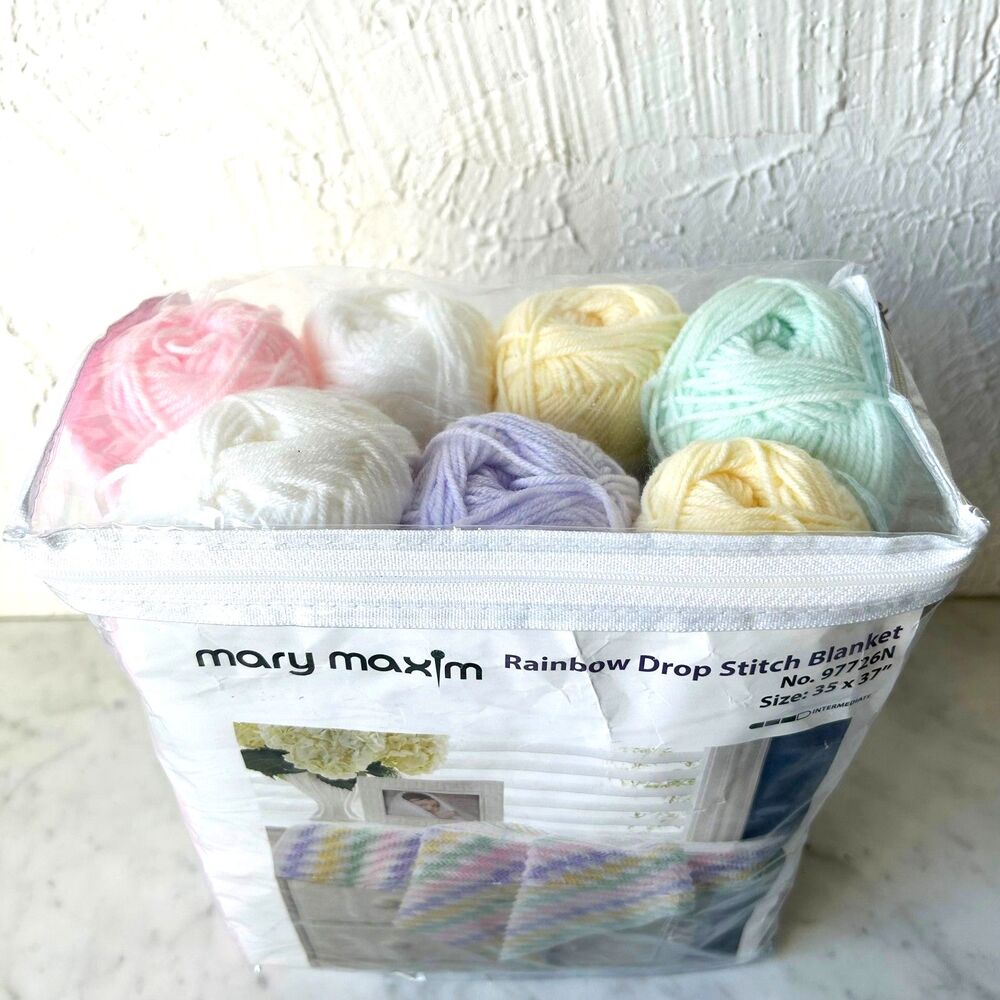 Mary Maxim Crochet Baby Blanket Kit Rainbow Drop Stitch 35 x 37 Yarn + Pattern